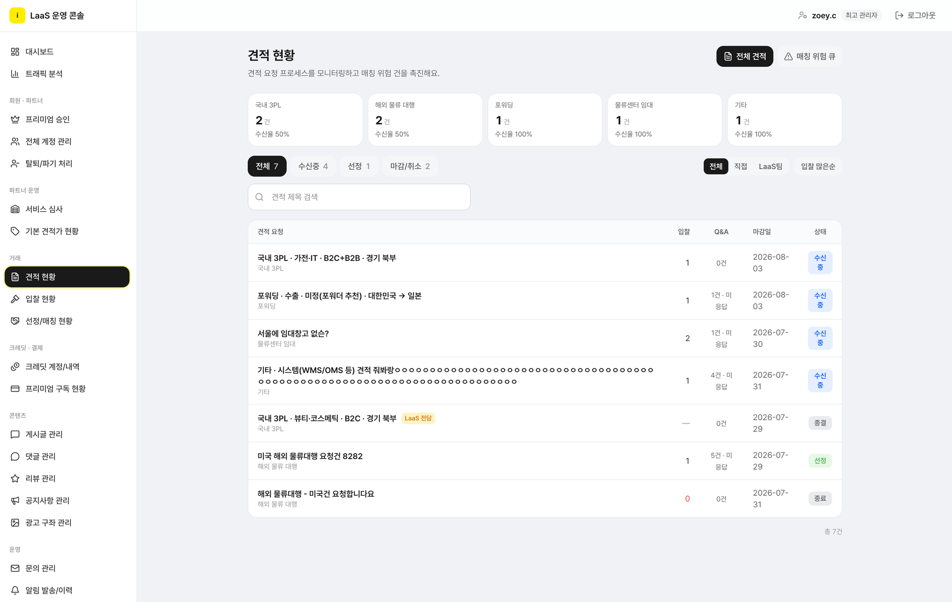 운영 어드민 견적 현황 화면